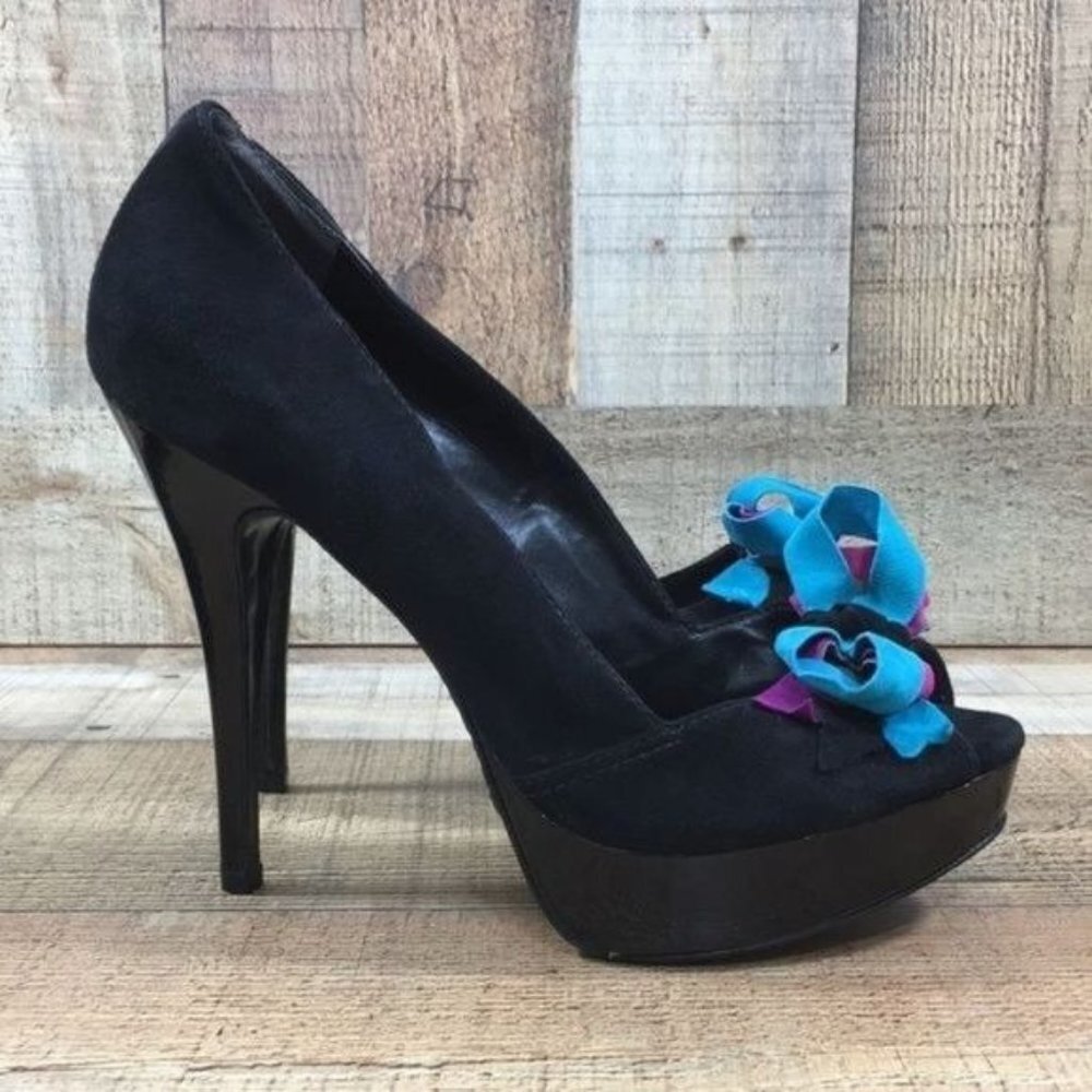 Schutz Black Suede Leather Pink Blue Bow High Heel Pumps Womens 10B 41 Open Toe
